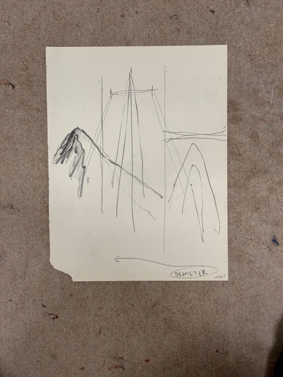 Studio work in progress, mountain, pylon, prow, pencil